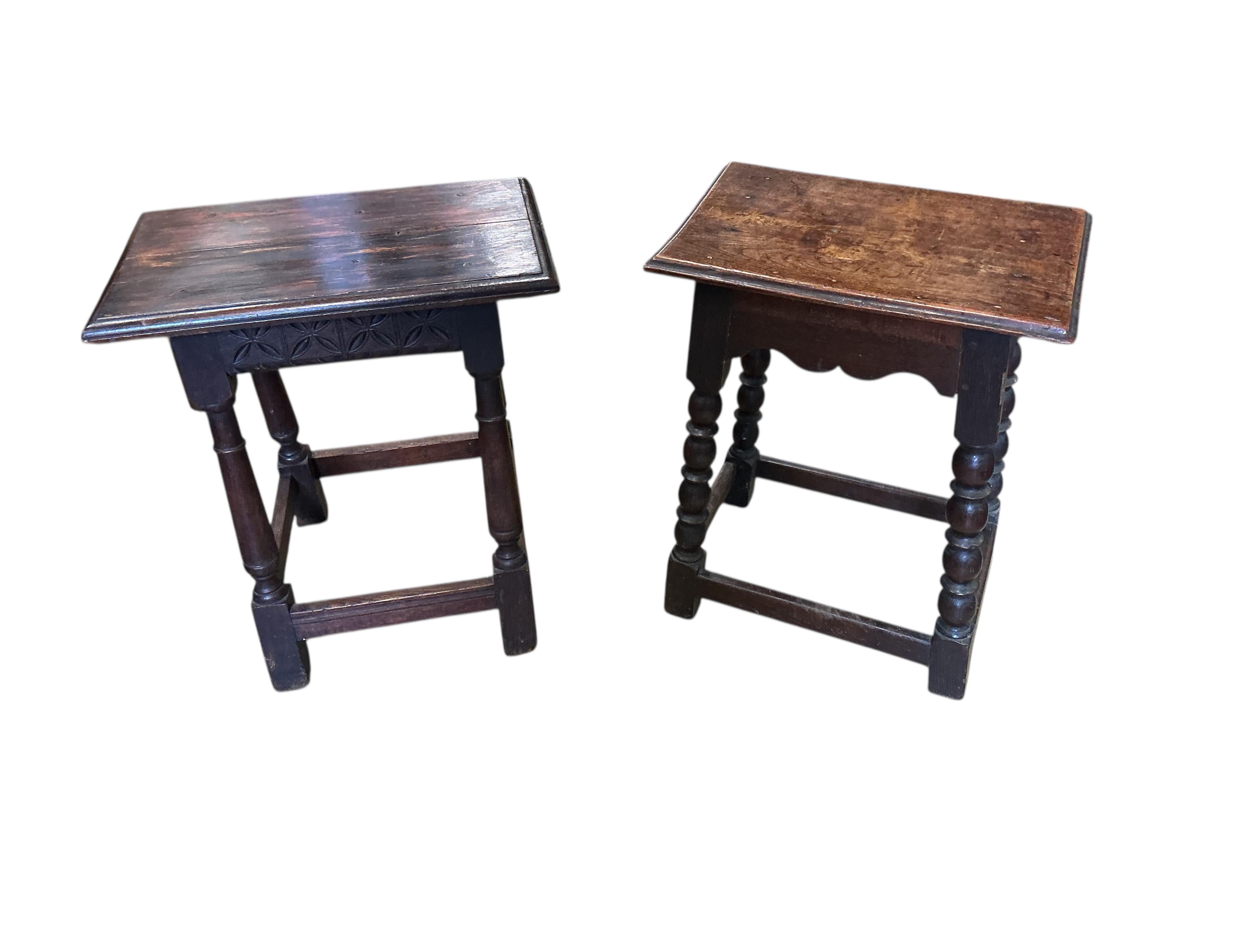 Two 17th century style rectangular oak joint stools, larger width 48cm, depth 31cm, height 53cm, together with a later oak drop flap occasional table